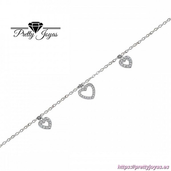 Pulsera de plata bañada en rodio con corazones y circonitas